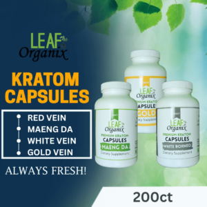 Leaf Organix kratom capsules 200ct bottles