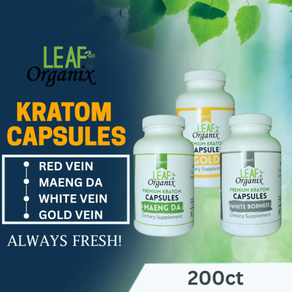 Leaf Organix kratom capsules 200ct bottles